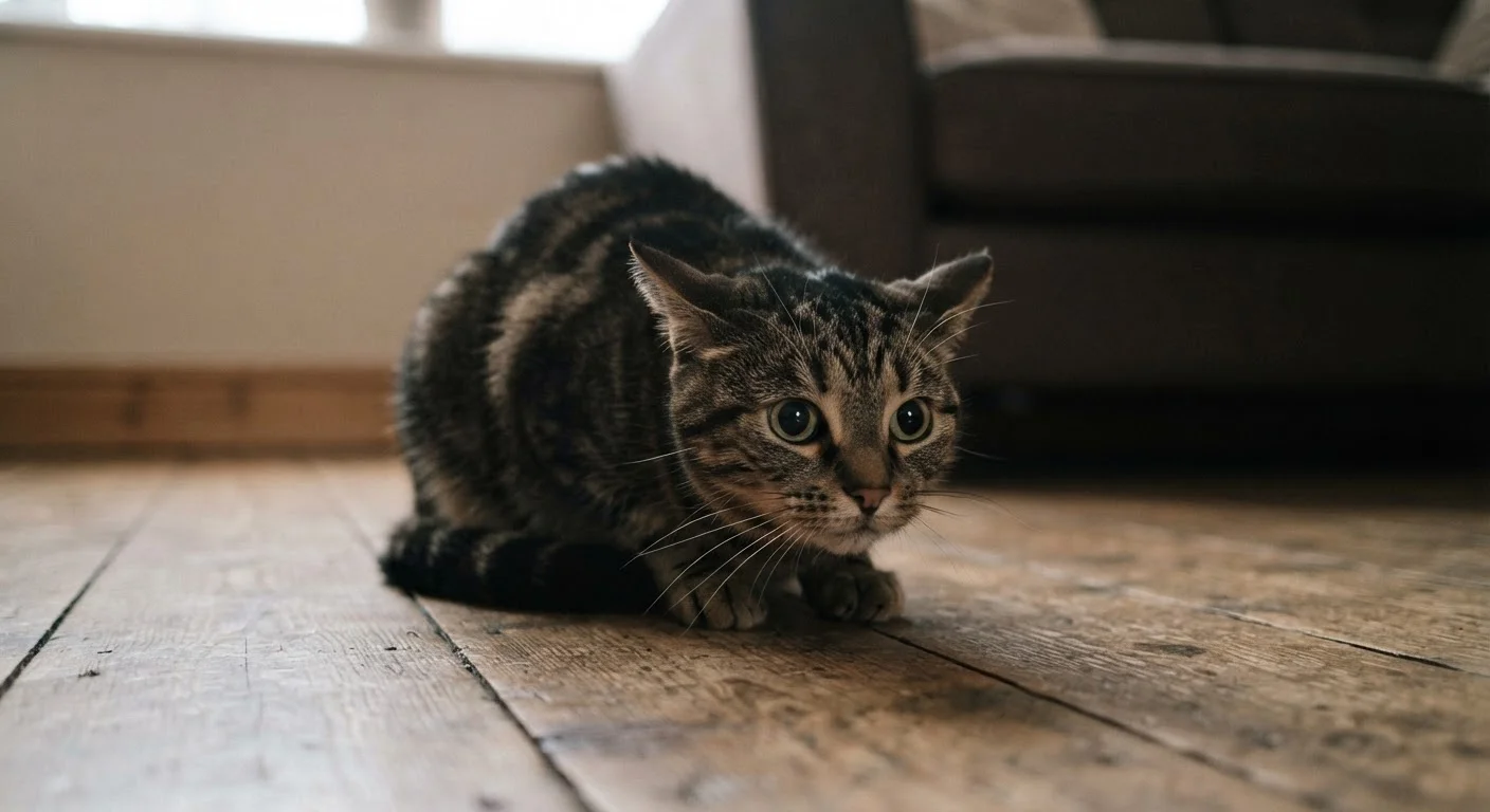 A cat with flattened ears and dilated pupils crouched defensively on a wooden floor indoors