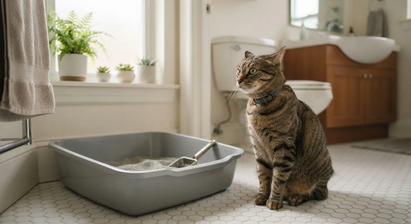 A cat sitting next to a litter box in a clean, well-lit bathroom looking hesitant