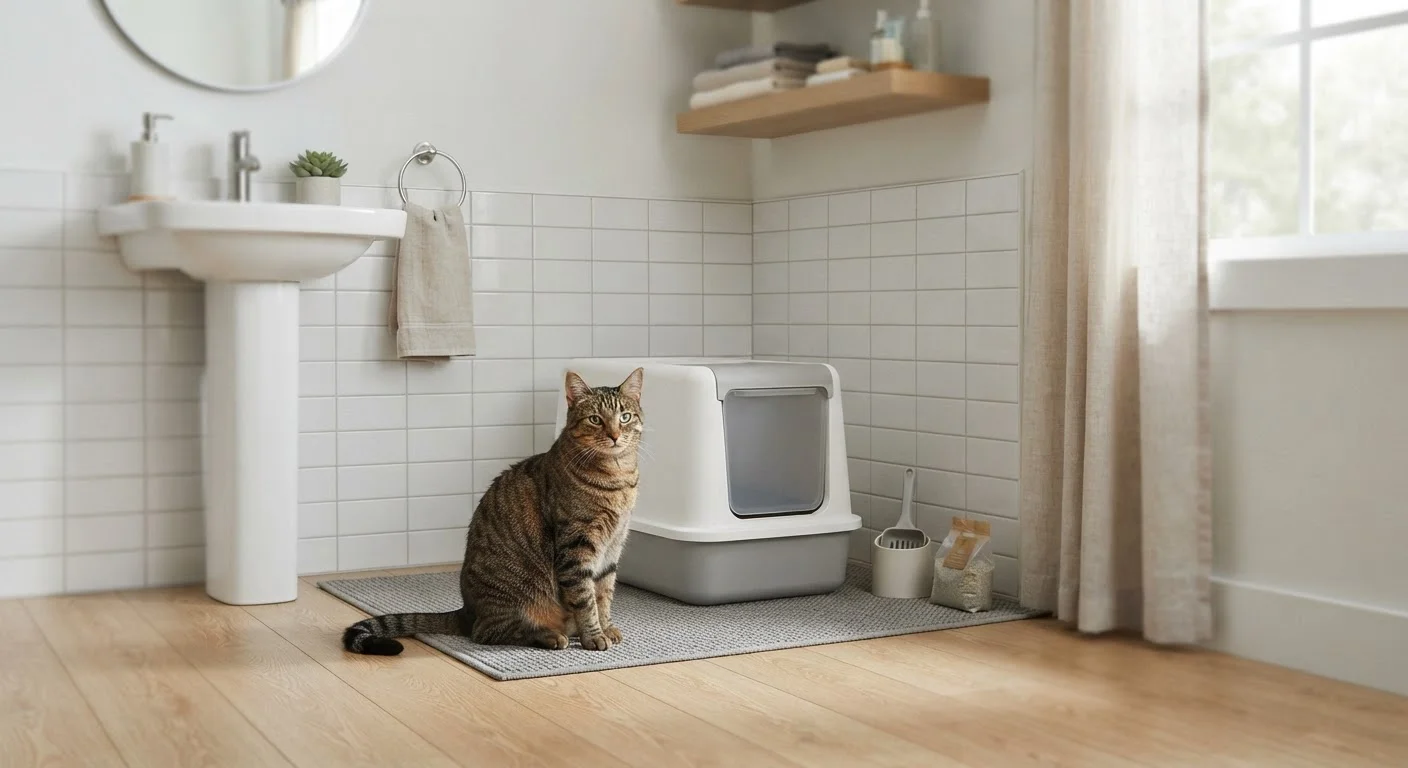 A domestic cat sitting calmly beside an open litter box in a clean home bathroom