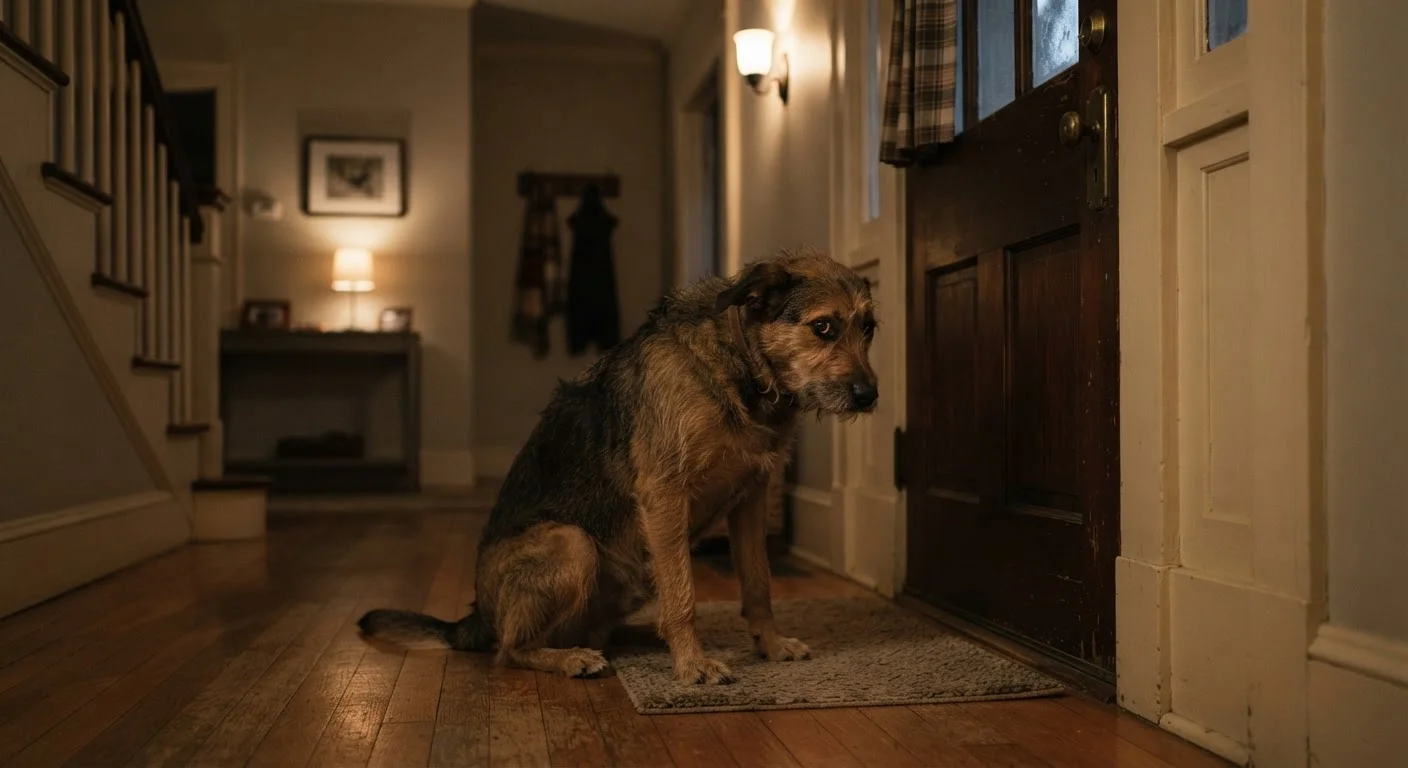 A dog sitting alone by a closed front door with ears back, looking anxious and worried