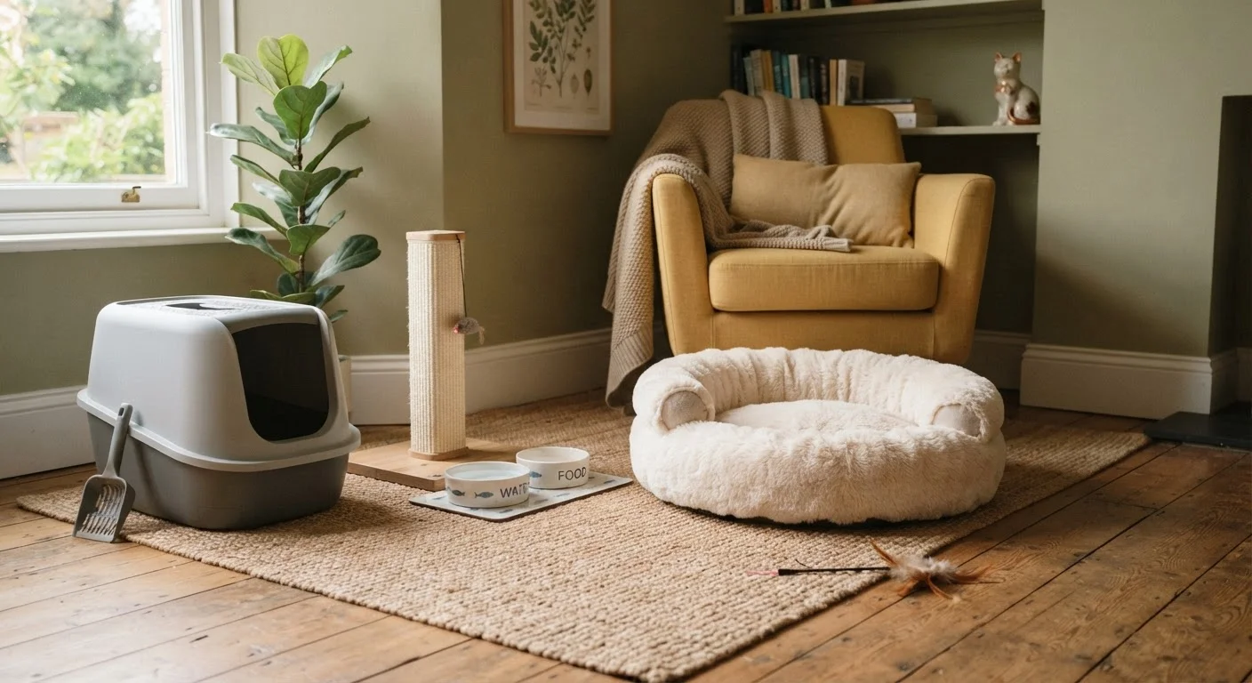 A tidy living room corner set up with cat essentials including litter box, scratching post, and water bowl