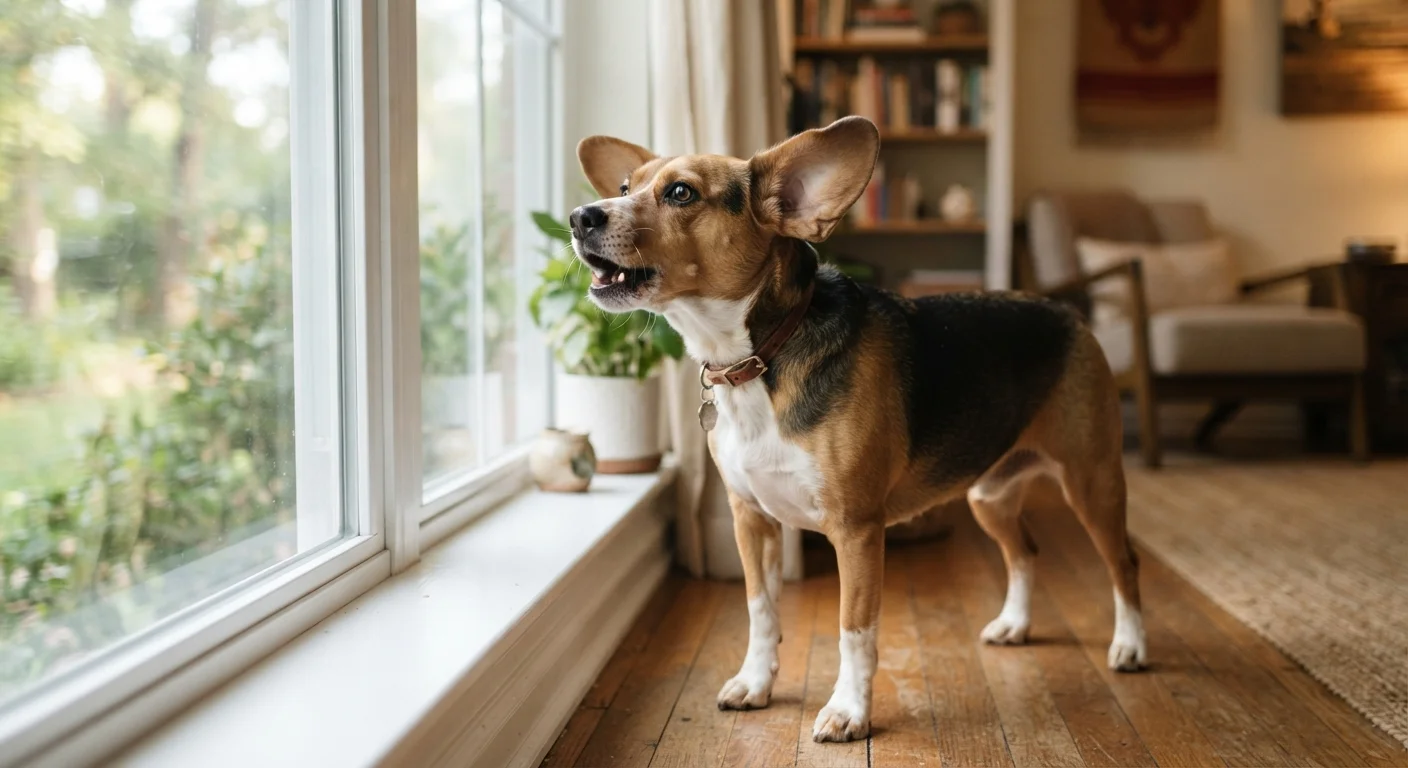 A dog standing alert near a window, ears raised, appearing to bark at nothing visible outside